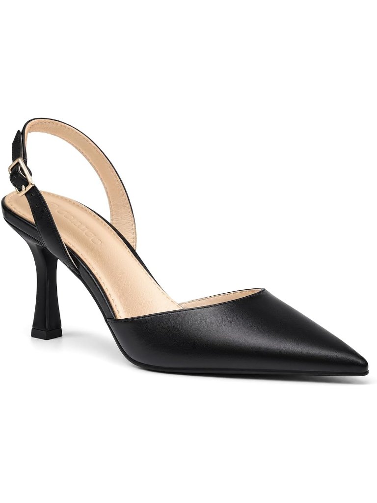 Women's Black Slingback Kitten Heels Closed Pointed Toe Pumps Slip On